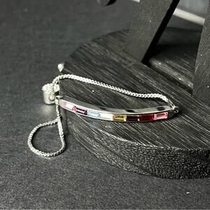 IBB CN Silver Tone Box Chain Rainbow Crystal Bar Bracelet Sterling Silver